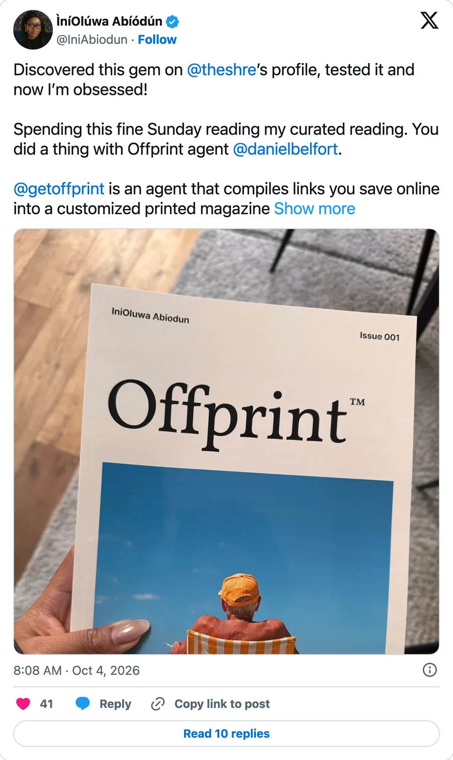 Discovered this gem on @theshre’s profile, tested it and now I’m obsessed! Spending this fine Sunday reading my curated reading. You did a thing with Offprint agent @danielbelfort. @getoffprint is an agent that compiles links you save online into a customized printed magazine delivered to you monthly.